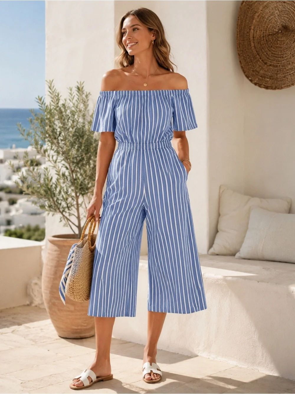 Ambiance Blue White Striped Off Shoulder Culotte Jumpsuit Coastal Size S